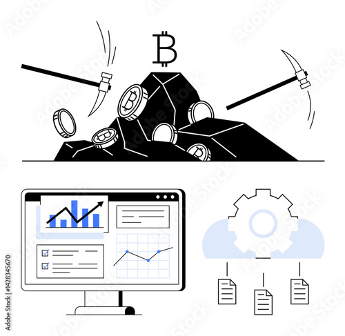 Mining tools extracting Bitcoin on rocks, coins flying. Below, data graphs on screen with cloud gear linking files. Ideal for cryptocurrency, blockchain, analysis, tech, finance innovation flat