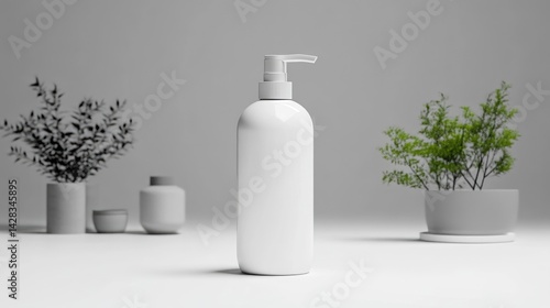 Obraz na płótnie White plastic pump bottle in a minimalist aesthetic. A simple, modern design for a beauty product, surrounded by neutral tones and greenery, implying a natural, organic, and clean feel w salonie