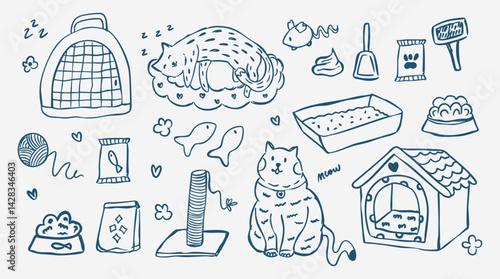 Hand drawn doodle of cats. Little house, sleeping cat, food, toy, toilet. Isolated on white background. Vector illustration