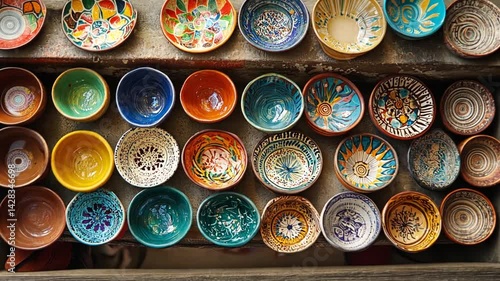 Colorful hand-painted ceramic bowls arranged in a vibrant display at a local market