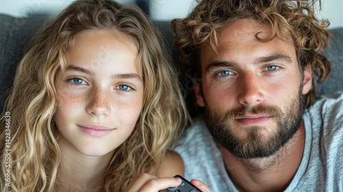 Obraz na płótnie Close-up of a couple, smiling, intimate. A young woman and man with light hair and eyes, a relaxed pose, focused on the camera w salonie