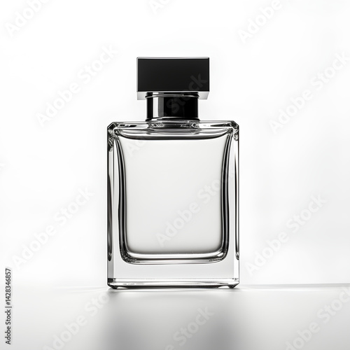 a small blank transparent perfume bottle mockup on clean white background, minimal product display