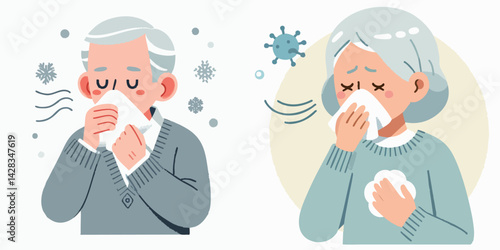 set vector senior people sick with flu