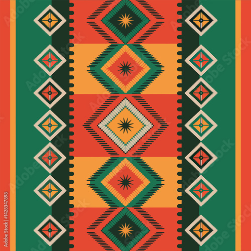 Seamless ethnic textile with a geometric flower pattern and vintage ornamental border, Serapes 
 Mexican blankets 