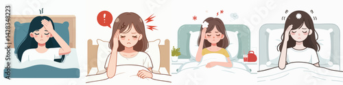 set vector teenager headache lying on bed