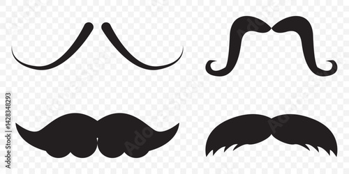 collection of mustache silhouettes in various styles. black mustache icon collection made in flat styles. set of 4 mustache on Transparent Background. EPS 10.