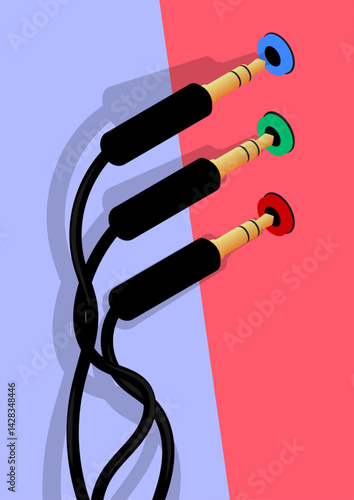 Audio cables are plugged into stereo system jacks before the party starts. Connecting music stereo system to speakers. Vertical minimalistic vector concept for A4 poster design