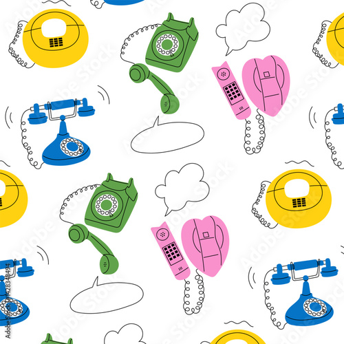 Vintage phone pattern. Retro rotary, push-button, and corded telephones with speech bubbles. Communication concept, old technology, minimalist design for greeting or contact template.