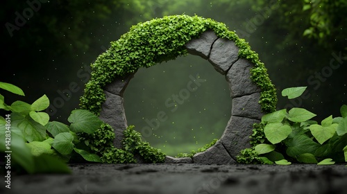 Enchanting forest oasis surrounding a stone arch cloaked in verdant moss
