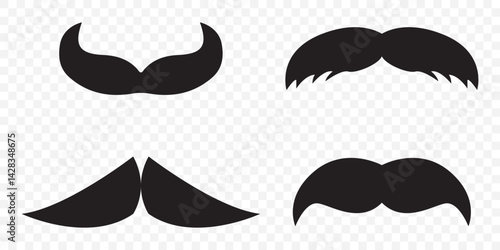 collection of mustache silhouettes in various styles. black mustache icon collection made in flat styles. set of 4 mustache on Transparent Background. EPS 10.