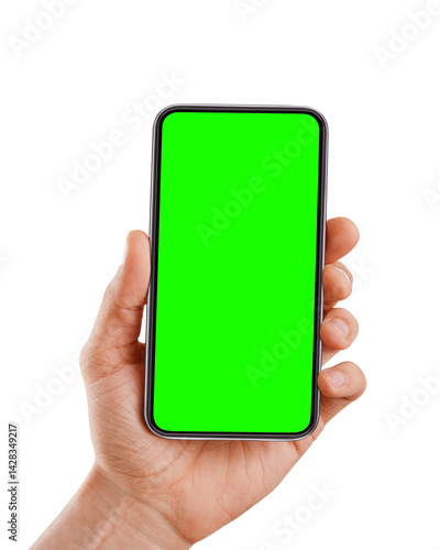Male hand holding blank smart phone with a green screen isolated on transparent background, png file