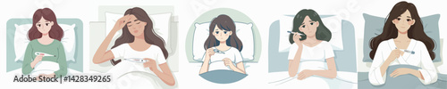 set vector teenager sick with fever lying on bed