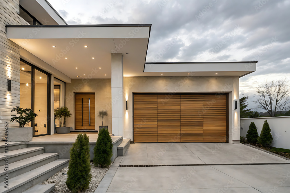 A luxurious modern house exterior under a cloudy sky, showcasing contemporary architecture. The design includes a garage, entrance and well-maintained landscaping A luxurious modern house exterior under a cloudy sky, showcasing contemporary architecture. The design includes a garage, entrance and well-maintained landscaping