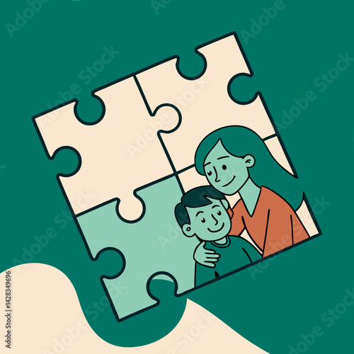 Family portrait puzzle piece showing mother and son embracing  