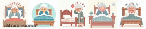 vector set of women with a headache lying on the bed
