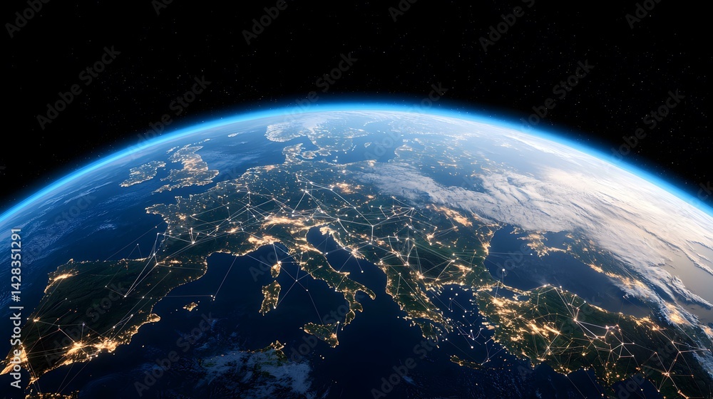Obraz premium A nighttime view of Europe from space, showcasing city lights interconnected by a network of luminous lines, illustrating global communication and connectivity.