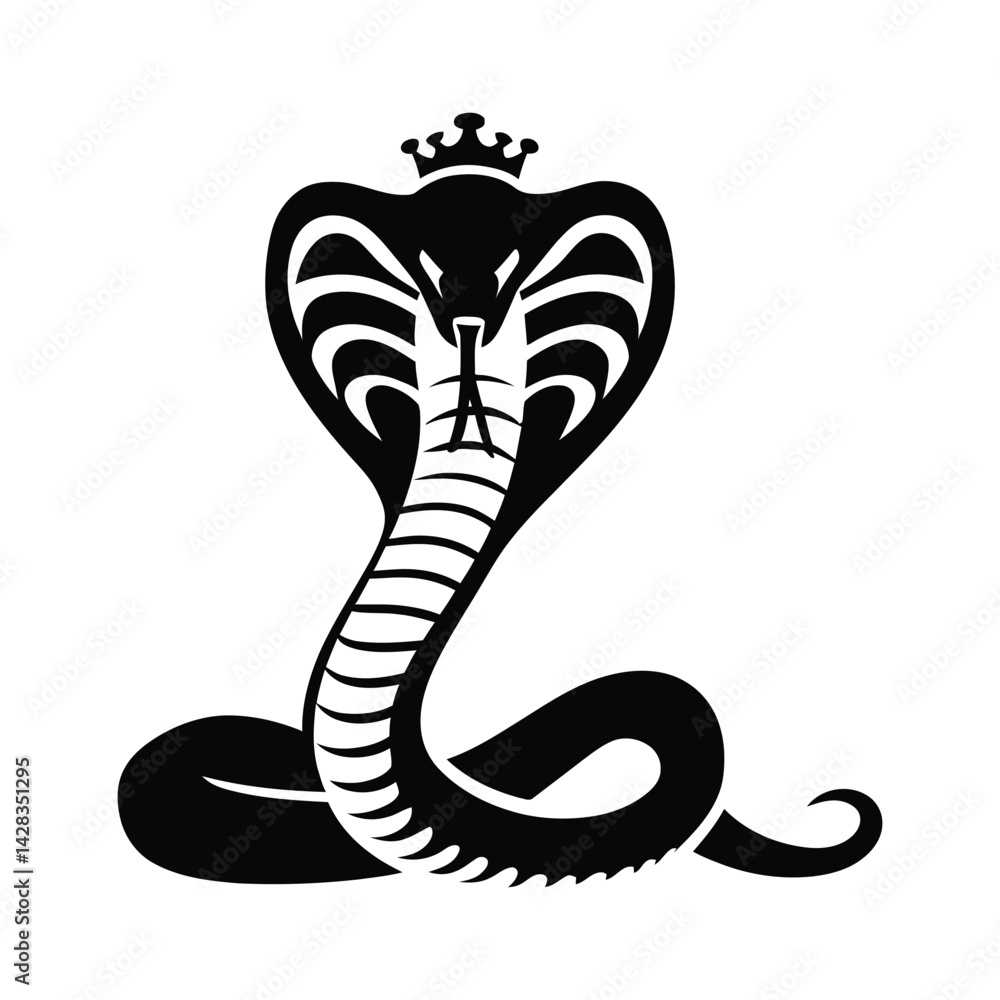 Fototapeta premium King Cobra Snake Silhouette with Crown Vector Illustration on White Background 