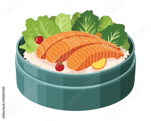 Bento Food Grilled Salmon Steak and Rice - Vector Illustration