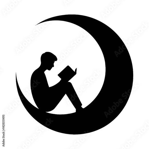 Silhouette of a person sitting on the edge of a crescent moon while reading a book, dreamy concept, black icon on white background 