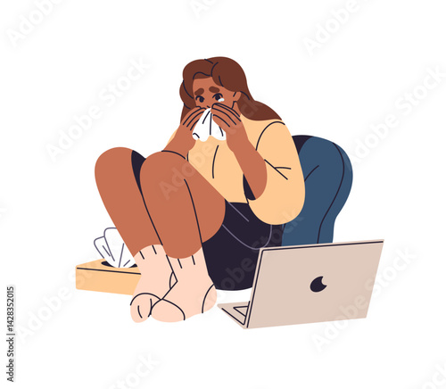 Upset girl cries, wipes away tears with tissue during watching drama movie on laptop. Unhappy teenager with paper napkins weeping while sad film. Flat isolated vector illustration on white background