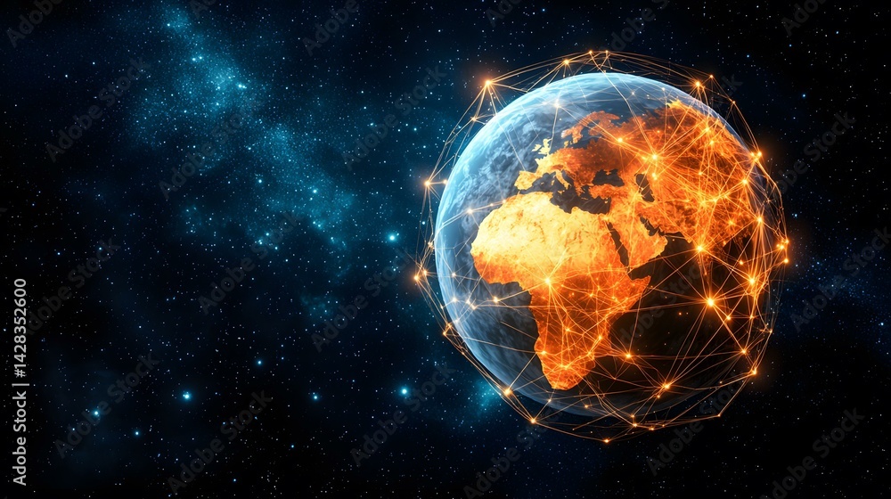 The image shows a stylized Earth, predominantly orange-toned, set against a dark blue, star-filled space. A network of glowing orange lines connects various points on the planet, symbolizing global The image shows a stylized Earth, predominantly orange-toned, set against a dark blue, star-filled space. A network of glowing orange lines connects various points on the planet, symbolizing global