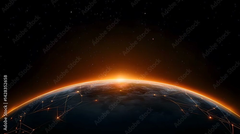 Obraz premium The image shows a stylized Earth from space at sunrise, with glowing orange lines connecting points on the surface, suggesting a global network or interconnectedness.A medium description sentence: G