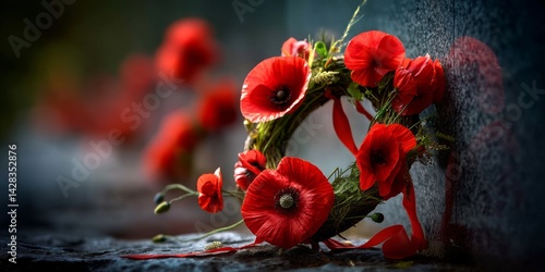 Red poppy wreath commemorating 80 years since the end of world war ii