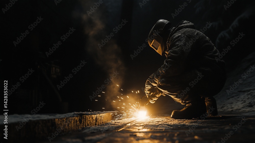 Industrial craftsmanship: A welder's dedication in the evening ambiance Industrial craftsmanship: A welder's dedication in the evening ambiance
