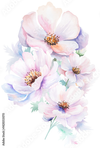 Obraz na płótnie Watercolor pink peony flowers bouquet with leaves, pastel romantic wedding isolated illustration w salonie