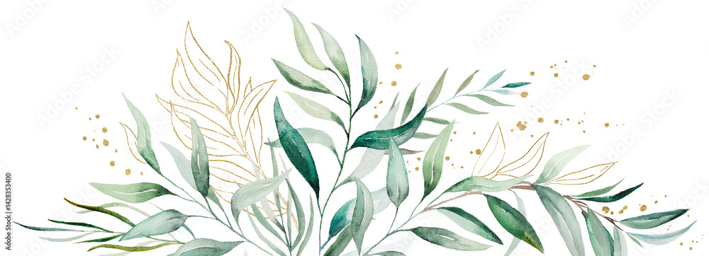 Border made with light green watercolor leaves, isolated wedding illustration, copy space