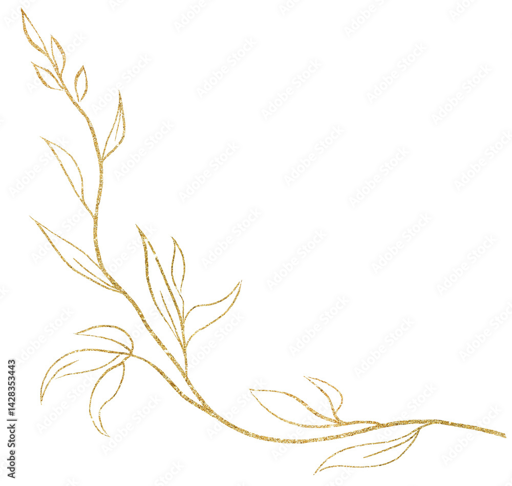 Hand drawn twig with leaves, golden outlines, isolated illustration, wedding stationery element