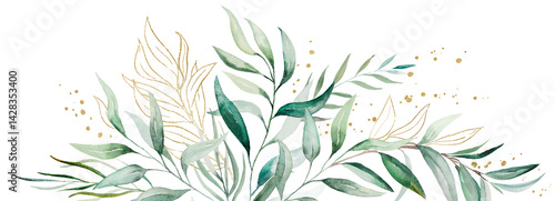 Obraz na płótnie Border made with light green watercolor leaves, isolated wedding illustration, copy space w salonie