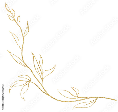 Hand drawn twig with leaves, golden outlines, isolated illustration, wedding stationery element