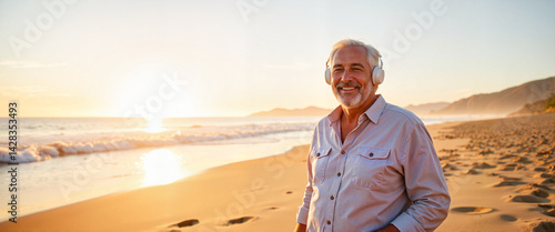 Elderly man smiling with headphones on beach at sunrise, joyful tranquility