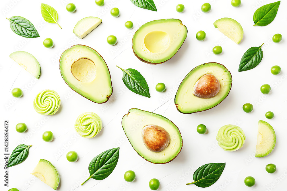 Overhead View of Halved Avocados and Green Sweets on White Background Overhead View of Halved Avocados and Green Sweets on White Background