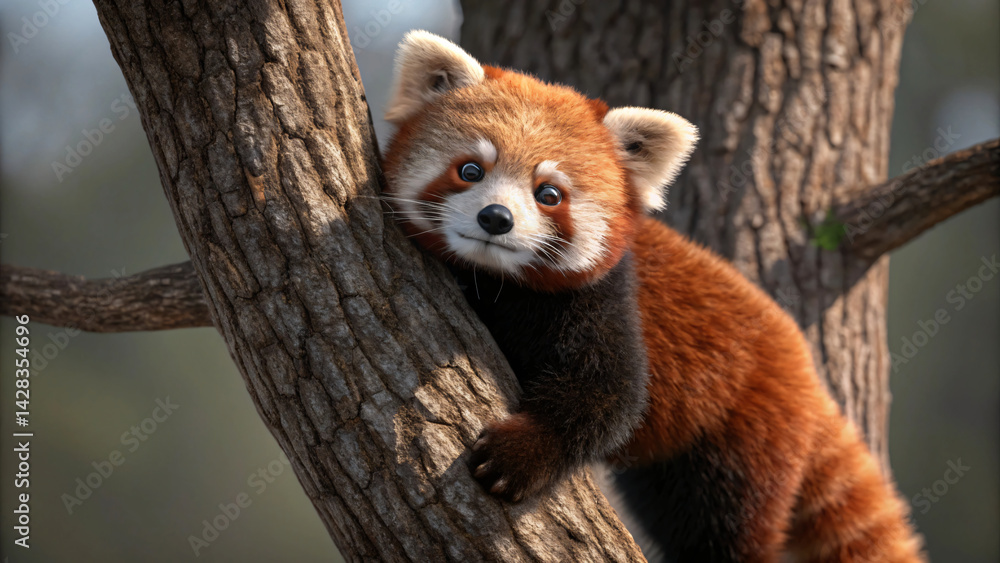 Obraz premium A cute red panda enjoys in a tree in its wild Asian habitat