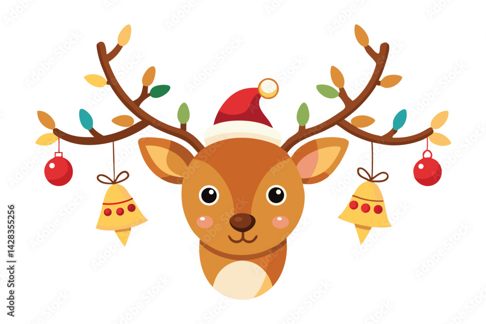 Fototapeta premium cute reindeer head isolated on white background. Funny Simple flat vector illustration Christmas reindeer in hat and garland with light bulbs.
