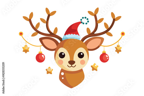 cute reindeer head isolated on white background. Funny Simple flat vector illustration Christmas reindeer in hat and garland with light bulbs.