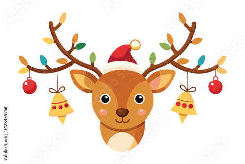 cute reindeer head isolated on white background. Funny Simple flat vector illustration Christmas reindeer in hat and garland with light bulbs.
