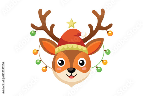 cute reindeer head isolated on white background. Funny Simple flat vector illustration Christmas reindeer in hat and garland with light bulbs.