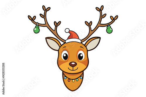 cute reindeer head isolated on white background. Funny Simple flat vector illustration Christmas reindeer in hat and garland with light bulbs.