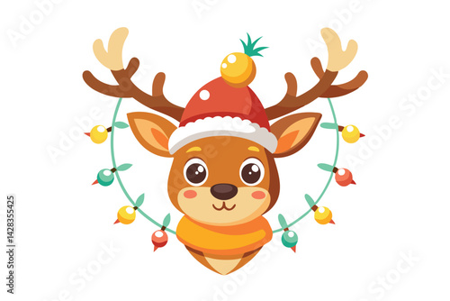 cute reindeer head isolated on white background. Funny Simple flat vector illustration Christmas reindeer in hat and garland with light bulbs.