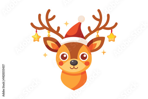 cute reindeer head isolated on white background. Funny Simple flat vector illustration Christmas reindeer in hat and garland with light bulbs.