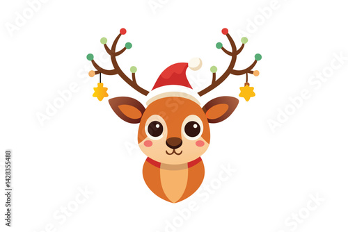 cute reindeer head isolated on white background. Funny Simple flat vector illustration Christmas reindeer in hat and garland with light bulbs.