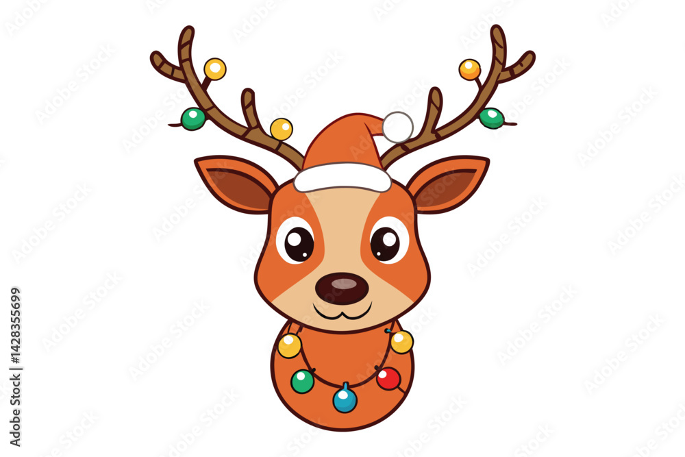 cute reindeer head isolated on white background. Funny Simple flat vector illustration Christmas reindeer in hat and garland with light bulbs. cute reindeer head isolated on white background. Funny Simple flat vector illustration Christmas reindeer in hat and garland with light bulbs.