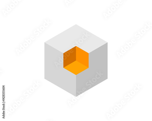 Abstract isometric cube with a vibrant inner core.  Represents potential, innovation, or hidden value. Ideal for technology, business, and design concepts.