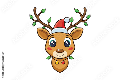cute reindeer head isolated on white background. Funny Simple flat vector illustration Christmas reindeer in hat and garland with light bulbs.