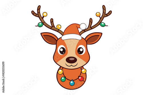 cute reindeer head isolated on white background. Funny Simple flat vector illustration Christmas reindeer in hat and garland with light bulbs.