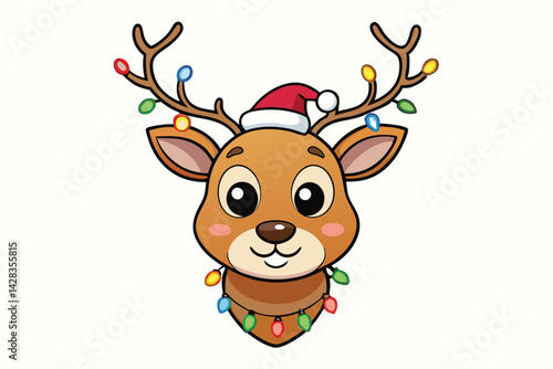 cute reindeer head isolated on white background. Funny Simple flat vector illustration Christmas reindeer in hat and garland with light bulbs.