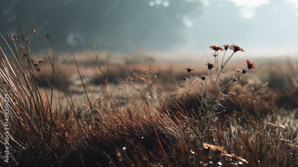 Obraz premium Misty Meadow: Sunlit Flowers in a Serene Autumn Field